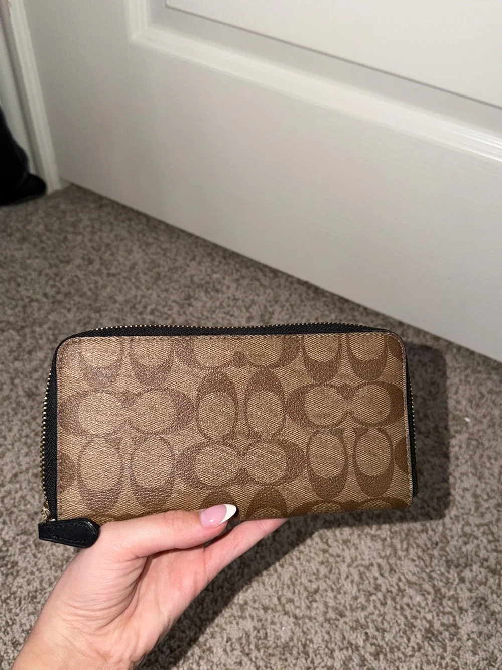 Coach Brown Signature Zip Wallet with Yellow Logo Patch